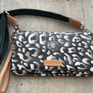 Consuela Black and White Clutch with Leopard Print